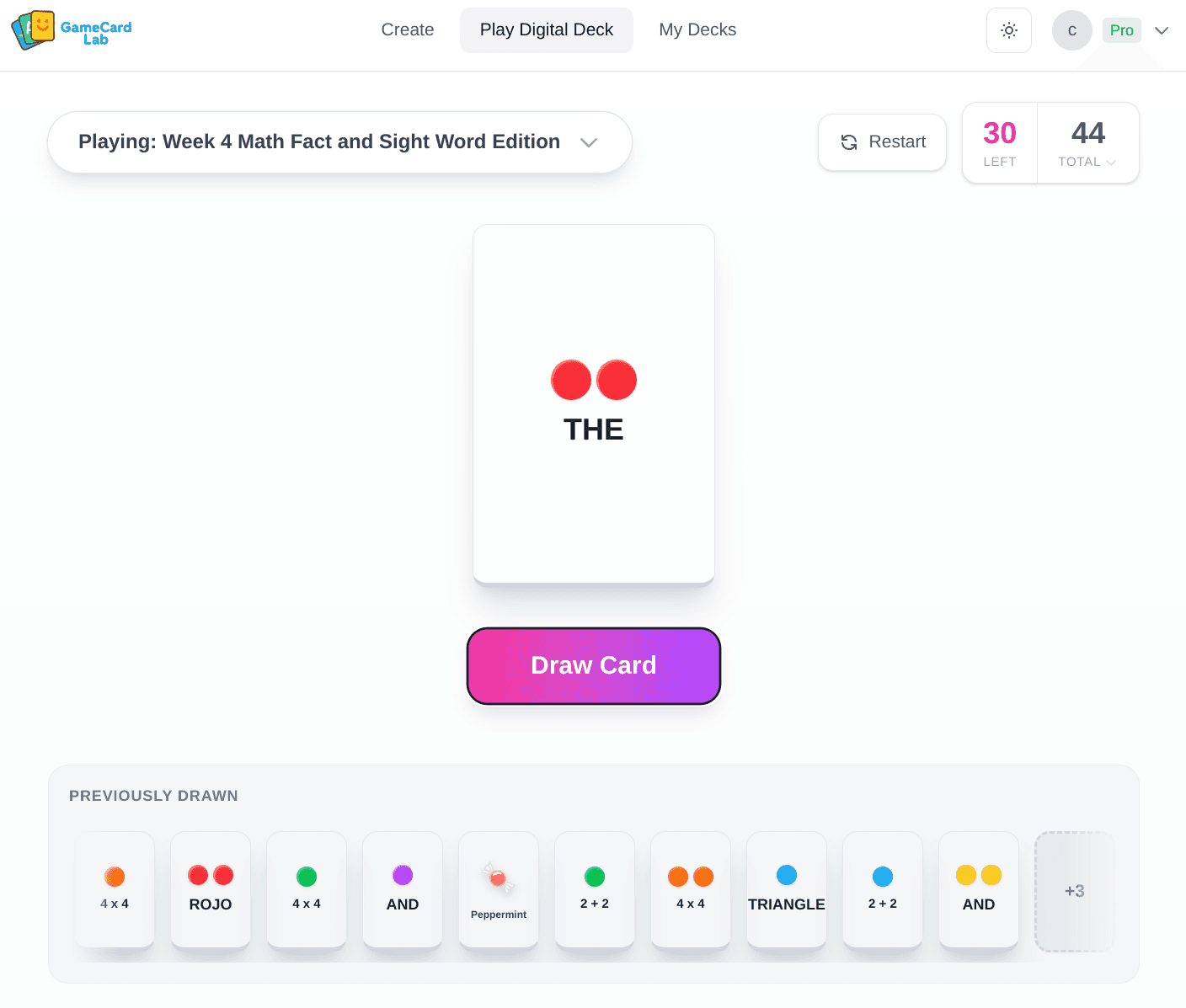 GameCardLab digital play interface with math and sight word cards
