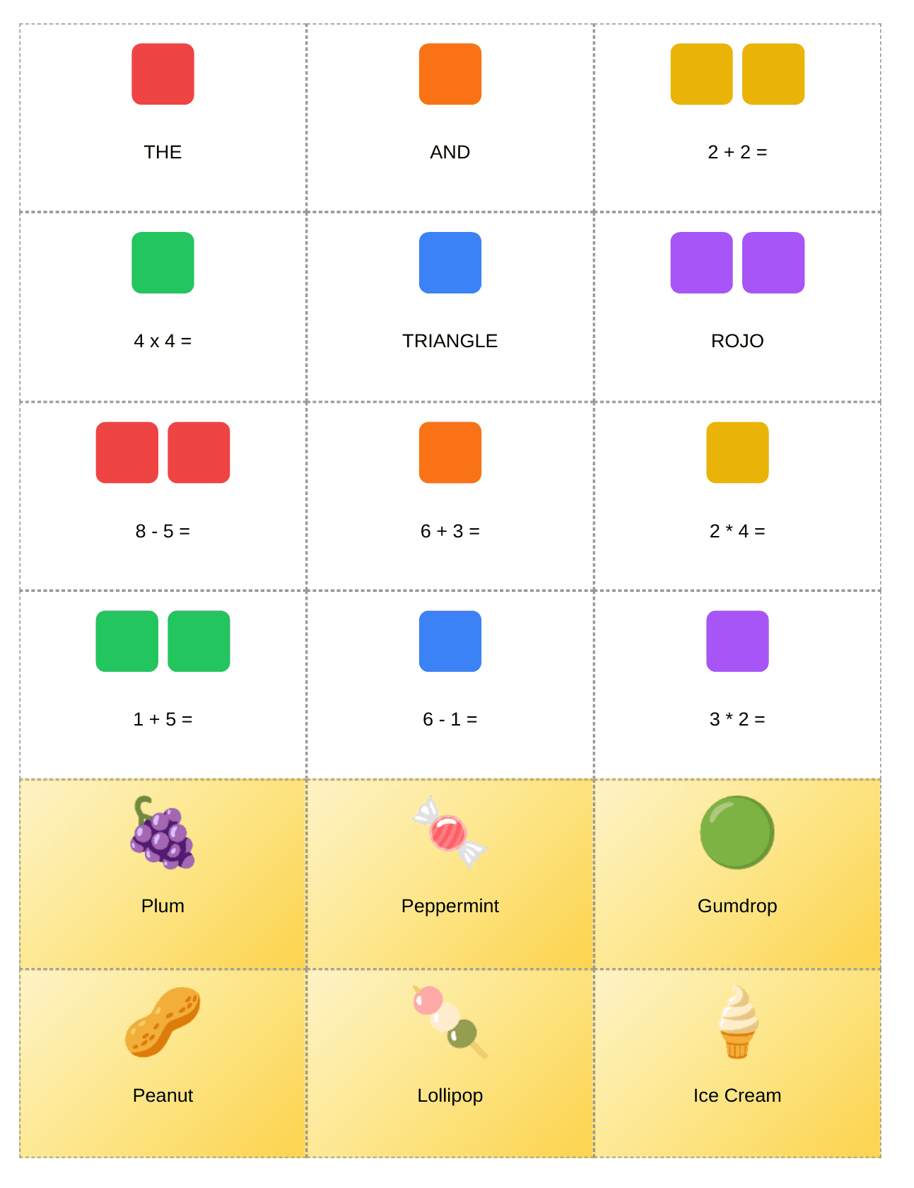 Print-ready Candy Land cards with math and sight words