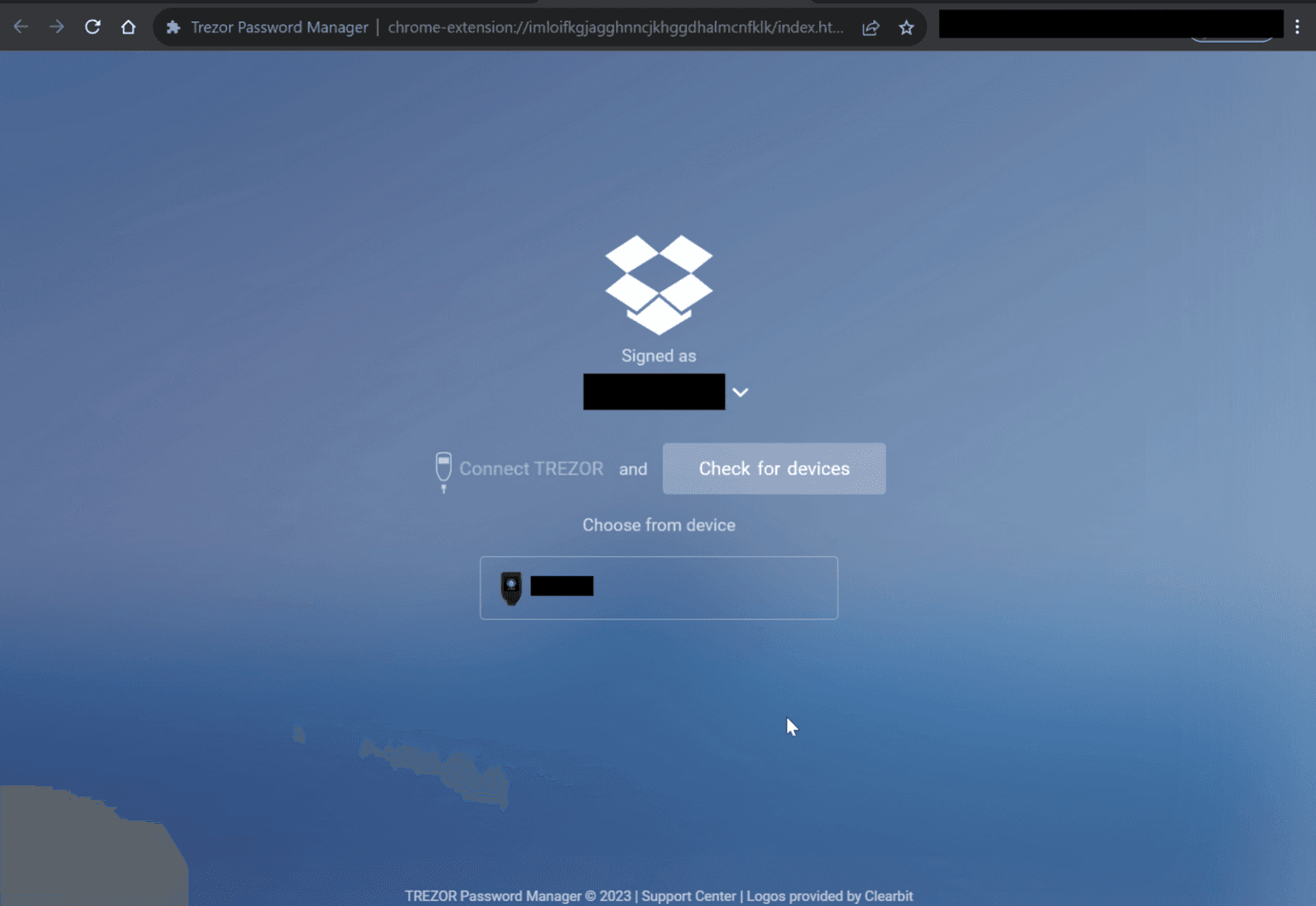 Was able to connect to Dropbox from Deprecated Trezor Manager Extension in August 2023