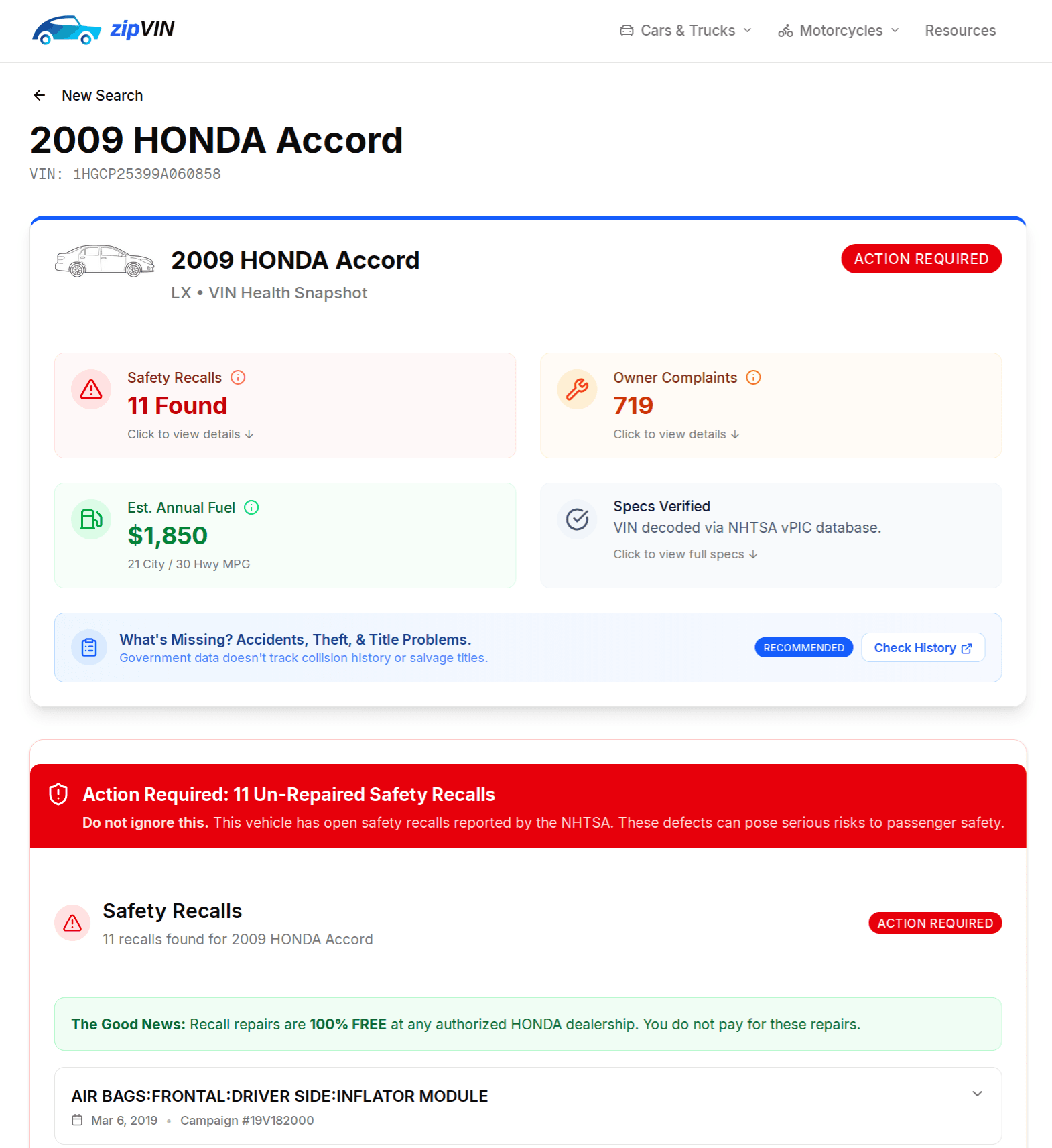 ZipVIN sample report showing safety recalls and owner complaints for a 2009 Honda Accord
