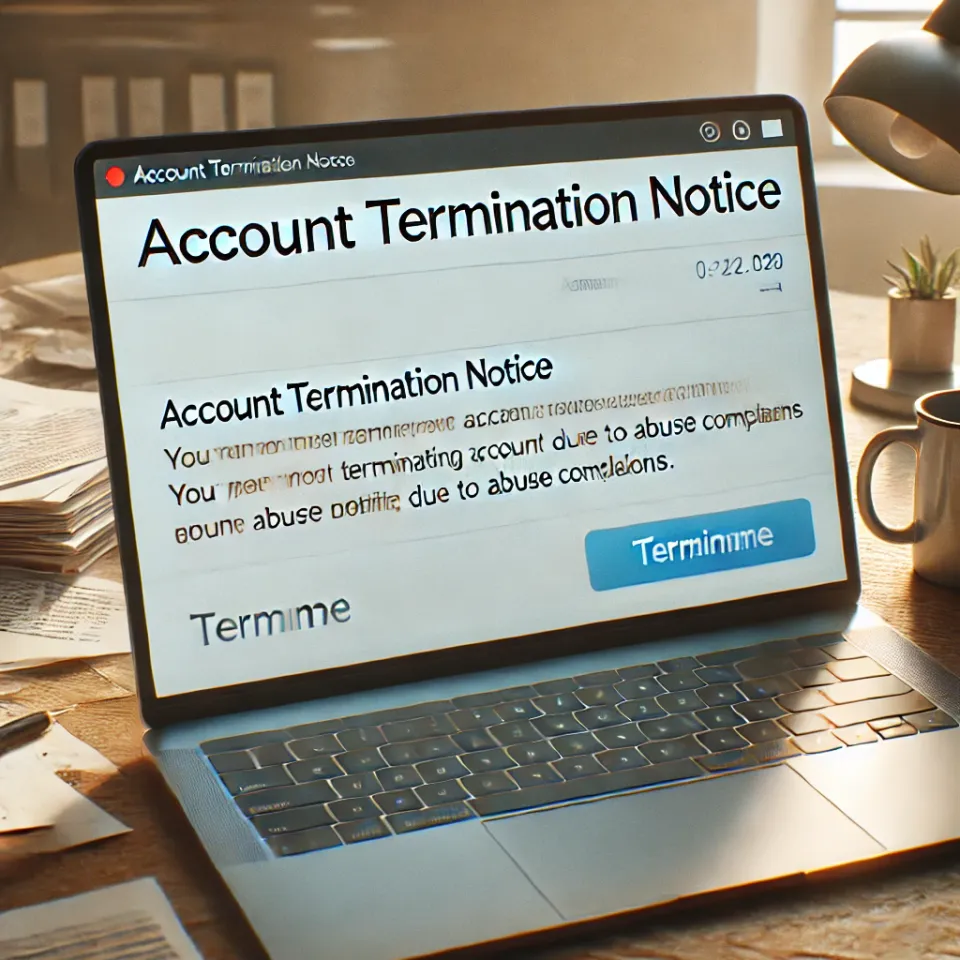 Email termination notice on a computer screen showing sudden account termination